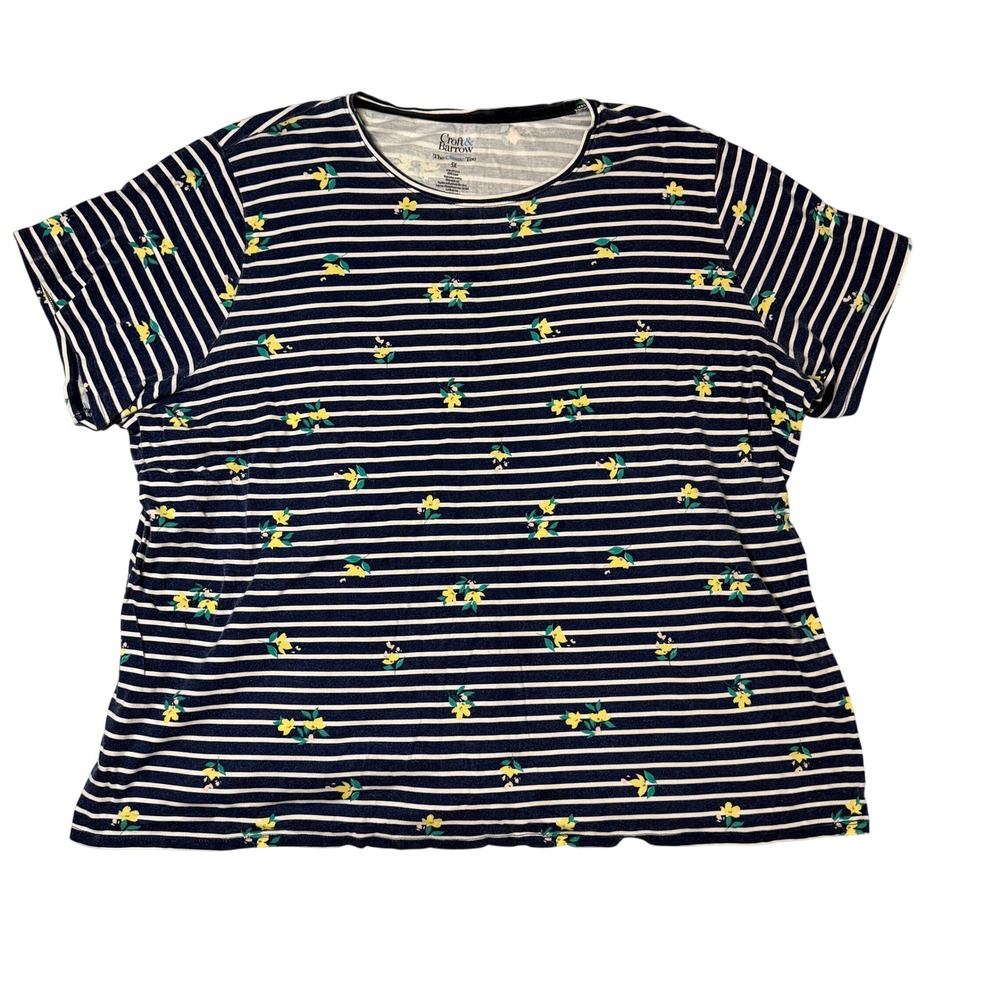 Croft & Barrow Womens Plus Navy White Stripe Floral Classic Tee Shirt 3X